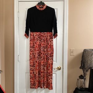 VTG 1960’s Paisley Print Maxi Black Dress Sheer Sleeves